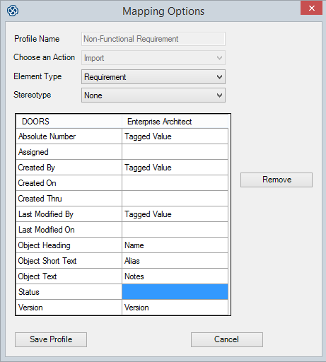 Mapping DOORS properties to the equivalent Sparx Systems Enterprise Architect properties.