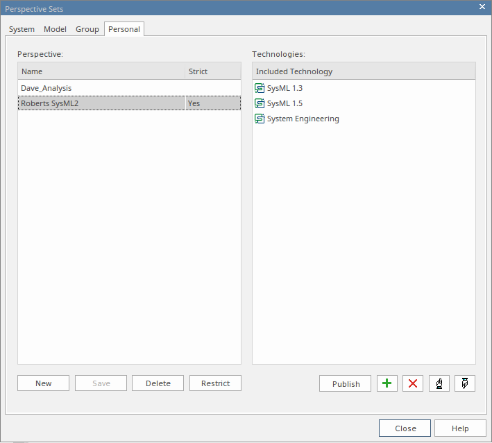 Showing the table in which personal custom perspectives are created in Sparx Systems Enterprise Architect.