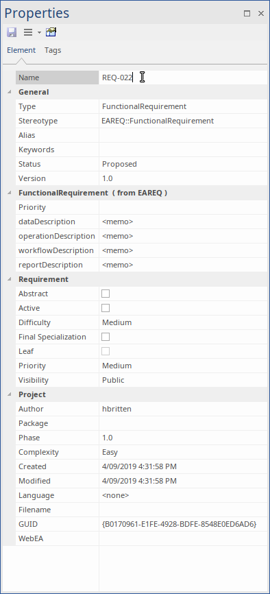 The properties sheet for a Requirement element in the Element Properties docked window in Sparx Systems Enterprise Architect. The properties sheet for a Requirement element in the Element Properties docked window in Sparx Systems Enterprise Architect.