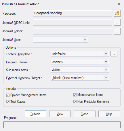 The dialog with settings for Publishing the model content as a Joomla! Article from Sparx Systems Enterprise Architect. The dialog with settings for Publishing the model content as a Joomla! Article from Sparx Systems Enterprise Architect.