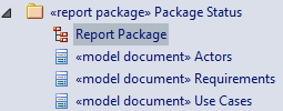 A Virtual Report Package viewed from the Project Browsed that is used for generating a virtual document in Sparx Systems Enterprise Architect. A Virtual Report Package viewed from the Project Browsed that is used for generating a virtual document in Sparx Systems Enterprise Architect.