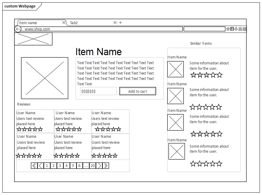 Example Webpage wireframe diagram created in Sparx Systems Enterprise Architect