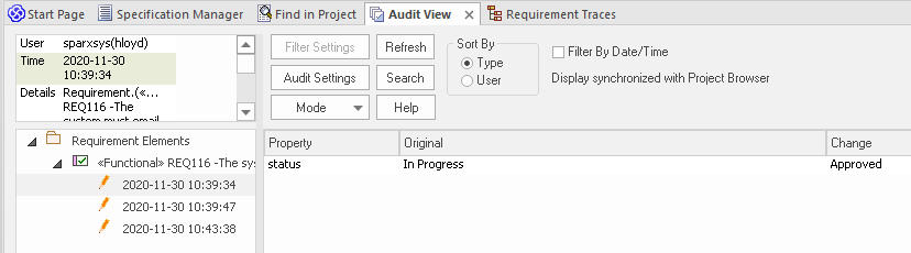 Showing the status change of a requirement in the Audit View in Sparx Systems Enterprise Architect.