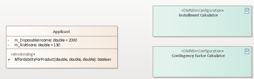 Integrate a DMN Model and Class Element by placing DMNSimConfiguration artifacts on the class diagram in Sparx Systems Enterprise Architect. Integrate a DMN Model and Class Element by placing DMNSimConfiguration artifacts on the class diagram in Sparx Systems Enterprise Architect.