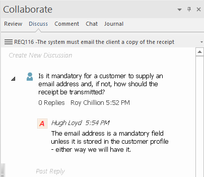 The Element Discussion facility can be used to discuss requirements, in Sparx Systems Enterprise Architect.