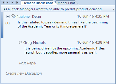 Showing element discussion for a user story in Sparx Systems Enterprise Architect. Showing element discussion for a user story in Sparx Systems Enterprise Architect.