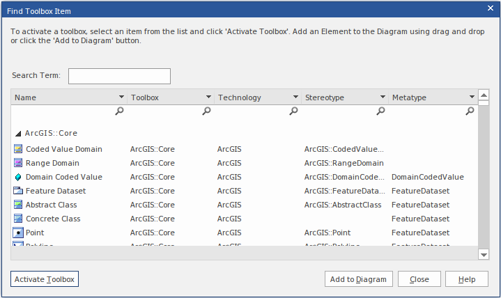 Showing a dialog for searching for toolbox items in Sparx Systems Enterprise Architect. Showing a dialog for searching for toolbox items in Sparx Systems Enterprise Architect.