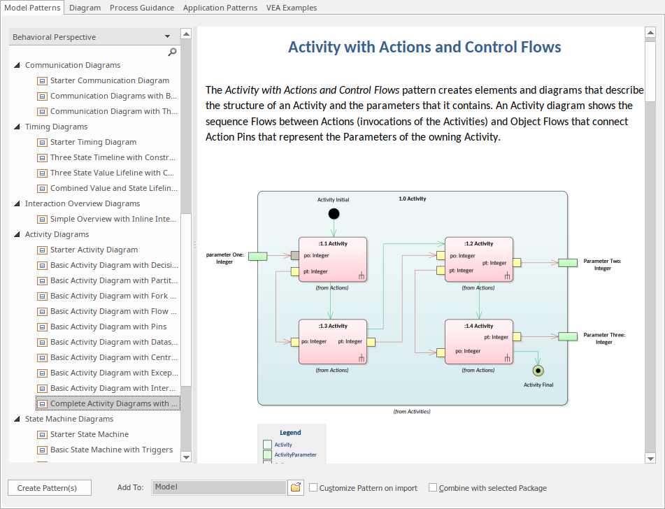 Showing a model pattern being selected in the Model Wizard Dialog in Sparx Systems Enterprise Architect. Showing a model pattern being selected in the Model Wizard Dialog in Sparx Systems Enterprise Architect.