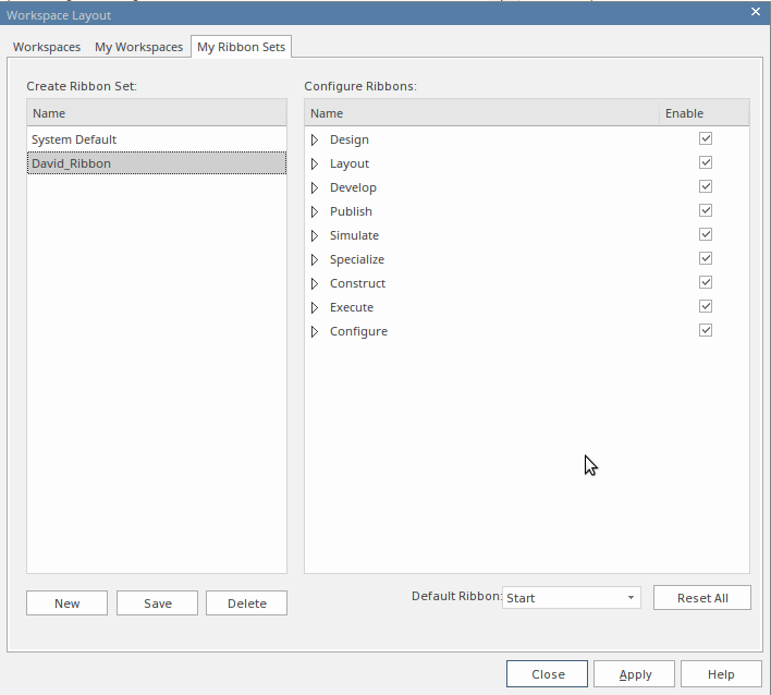 Using the Workspace Layout dialog to create a customized ribbon set in Sparx Systems Enterprise Architect.