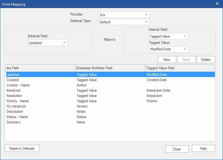 Configuration options for mapping of external item's fields to local Enterprise Architect element properties Configuration options for mapping of external item's fields to local Enterprise Architect element properties