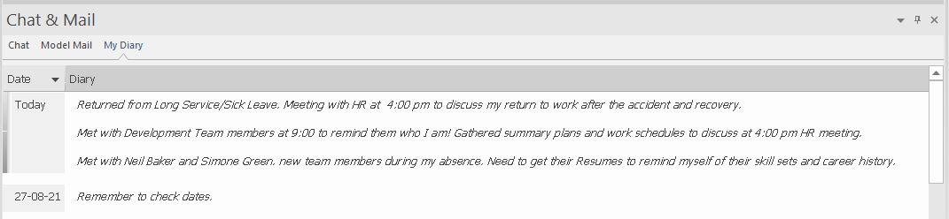 The Journal page of the Collaborate window in Sparx Systems Enterprise Architect. The Journal page of the Collaborate window in Sparx Systems Enterprise Architect.