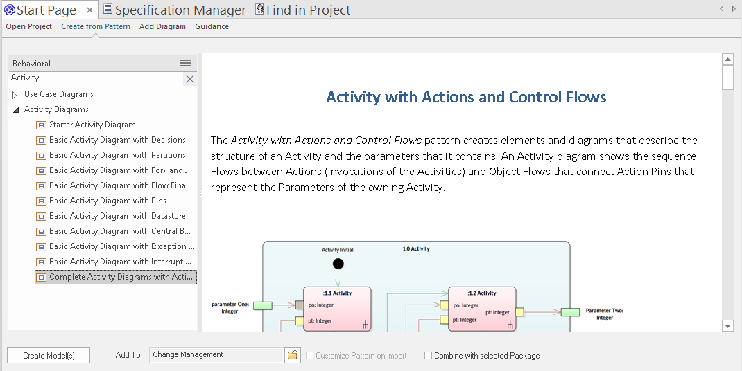 Showing a model pattern being selected in the Model Wizard Dialog in Sparx Systems Enterprise Architect.