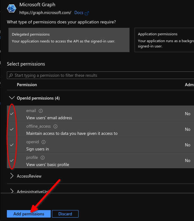 Select all OpenID API permissions Select all OpenID API permissions