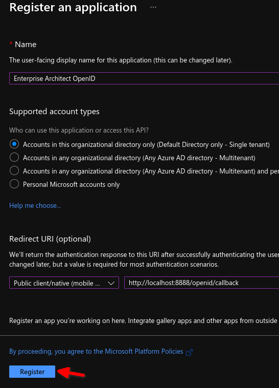 Shows details to be entered when creating a new 'app registration' in Azure for use with OpenID Shows details to be entered when creating a new 'app registration' in Azure for use with OpenID