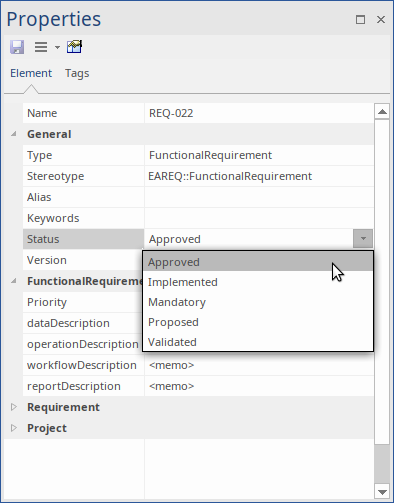 The properties sheet for a Requirement element in the Element Properties docked window in Sparx Systems Enterprise Architect. The properties sheet for a Requirement element in the Element Properties docked window in Sparx Systems Enterprise Architect.