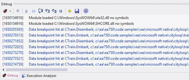 Each incidence of a data breakpoint is logged in the debugger window Each incidence of a data breakpoint is logged in the debugger window