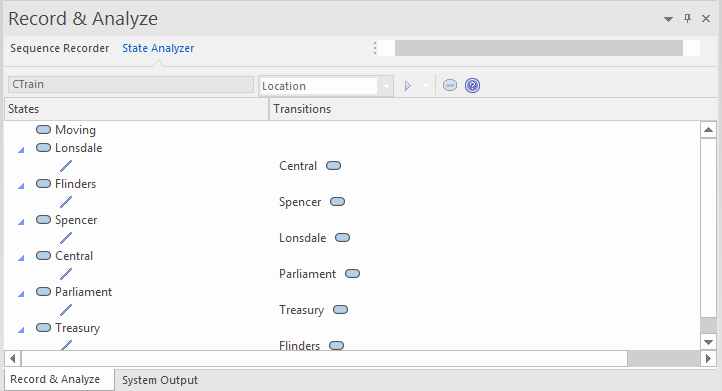 The image shows a live view of state transitions detected in a running process using Enterprise Architect State Definitions The image shows a live view of state transitions detected in a running process using Enterprise Architect State Definitions