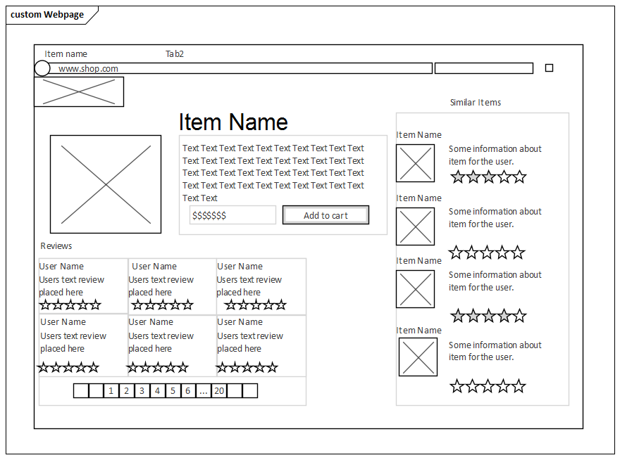 Example Webpage wireframe diagram created in Sparx Systems Enterprise Architect