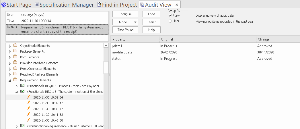 Showing the status change of a requirement in the Audit View in Sparx Systems Enterprise Architect. Showing the status change of a requirement in the Audit View in Sparx Systems Enterprise Architect.