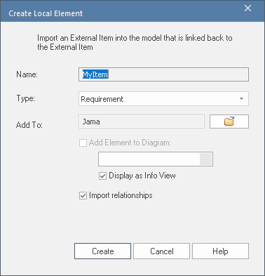 Create Local Element dialog Create Local Element dialog