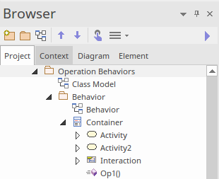 A screenshot from Sparx Systems Enterprise Architect showing a UML Class element that owns an Operation in the Project Browser. A screenshot from Sparx Systems Enterprise Architect showing a UML Class element that owns an Operation in the Project Browser.