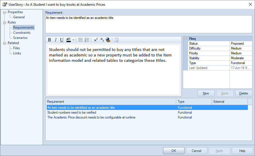 A user story with internal requirements in Sparx Systems Enterprise Architect. A user story with internal requirements in Sparx Systems Enterprise Architect.