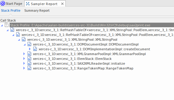 The Stack Profile is not sampled, but shows every instance of a particular call stack as individual lines in a graph. The Stack Profile is not sampled, but shows every instance of a particular call stack as individual lines in a graph.