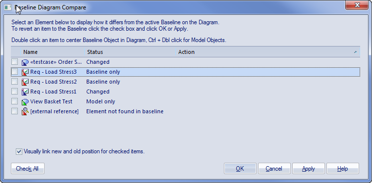 The Baseline Diagram Compare dialog in Sparx Systems Enterprise Architect. The Baseline Diagram Compare dialog in Sparx Systems Enterprise Architect.