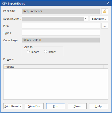 The CSV Import/Export dialog in Sparx Systems Enterprise Architect. The CSV Import/Export dialog in Sparx Systems Enterprise Architect.