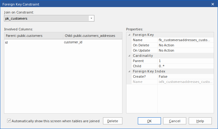 Showing an example foreign key constraint in Sparx Systems Enterprise Architect. Showing an example foreign key constraint in Sparx Systems Enterprise Architect.