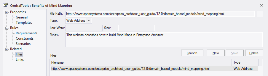 Adding a web address to an element from the Mind Mapping MDG technology in Sparx Systems Enterprise Architect. Adding a web address to an element from the Mind Mapping MDG technology in Sparx Systems Enterprise Architect.