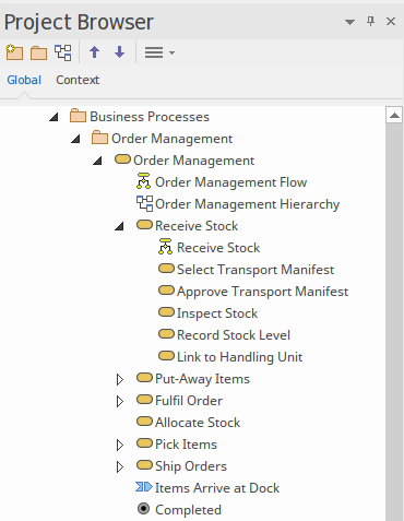 Showing business processes in the Project Browser in Sparx Systems Enterprise Architect. Showing business processes in the Project Browser in Sparx Systems Enterprise Architect.
