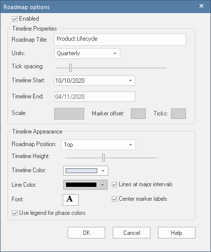The Roadmap Options dialog in Sparx Systems Enterprise Architect. The Roadmap Options dialog in Sparx Systems Enterprise Architect.