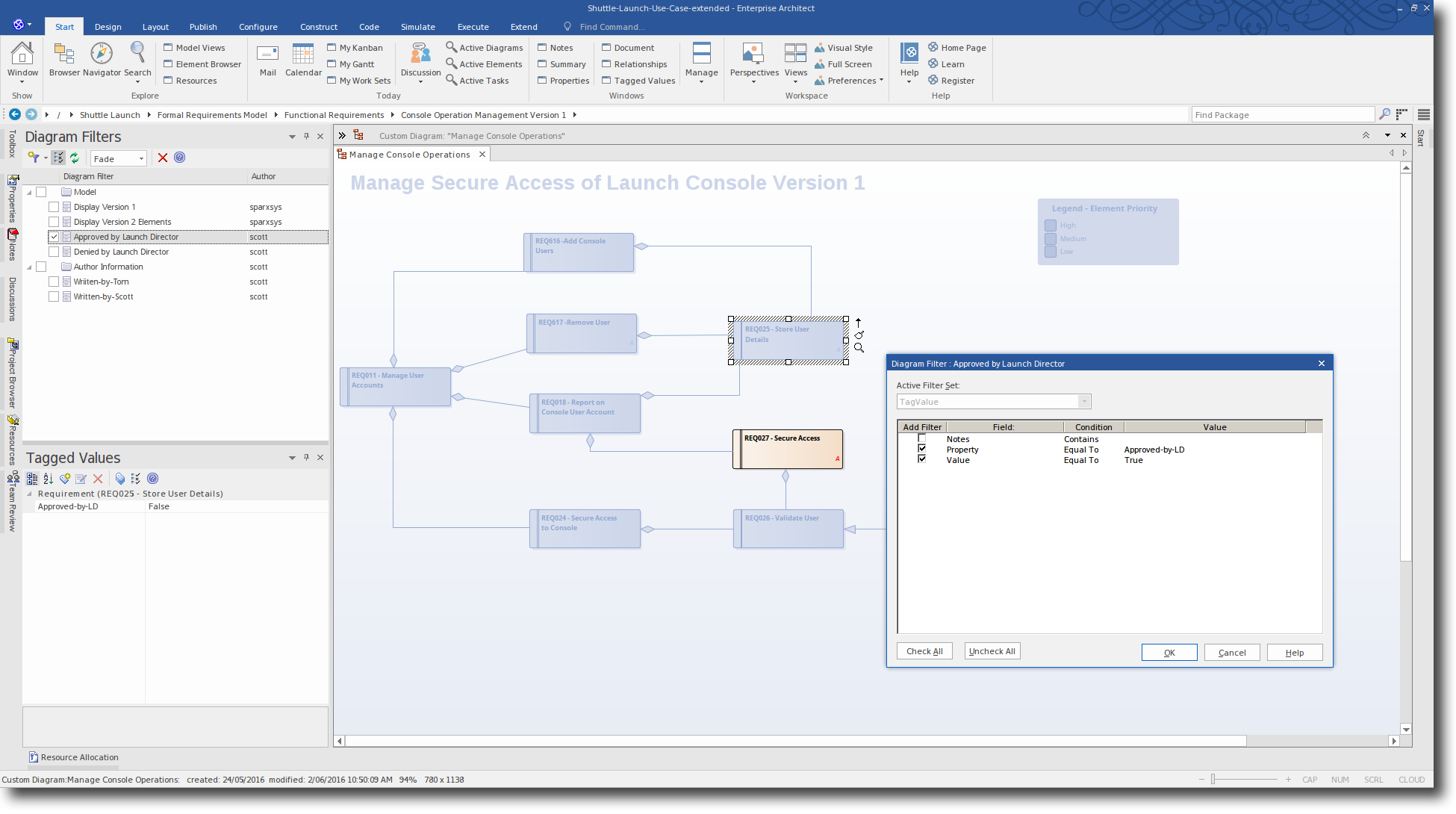 Enterprise Architect 13: Diagram Filtering - Applying a diagram filter for a Tagged Value